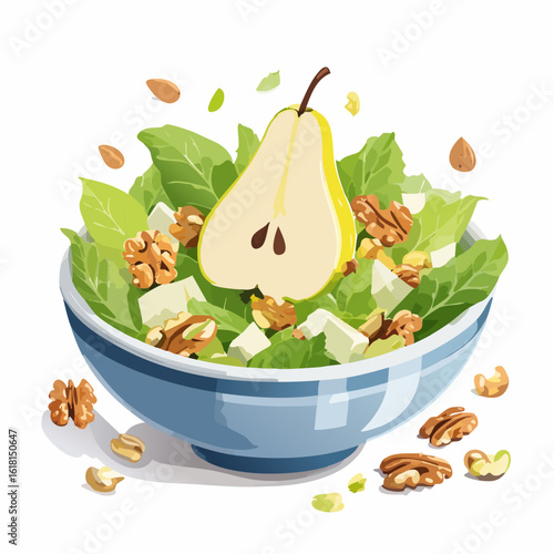 Vibrant salad with sliced pear, walnuts, and feta cheese in a blue bowl, illustrated style.
