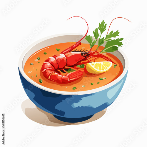 Gourmet shrimp soup in a blue bowl, garnished with a large red prawn, fresh parsley, and a lemon wedge.