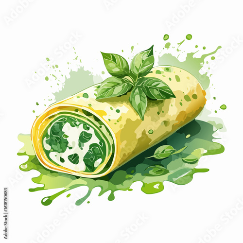 Savory crepe roll with spinach and cheese filling, garnished with fresh basil, in a watercolor style.