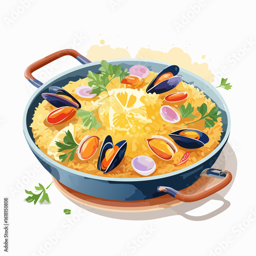 Vibrant watercolor illustration of a Spanish seafood paella with mussels and lemon.