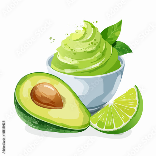 Creamy guacamole dip in a white bowl with a halved avocado and a zesty lime wedge.