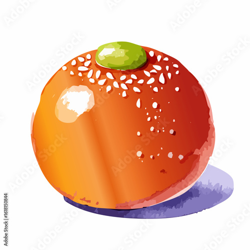 Shiny orange Indian laddu sweet garnished with a pistachio nut and white sprinkles.
