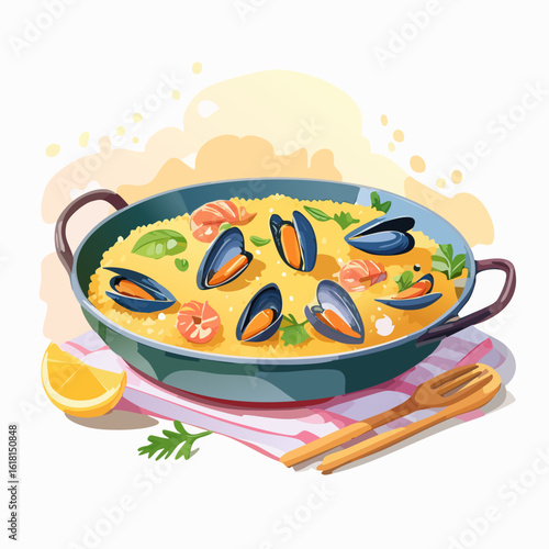 Vibrant seafood paella illustration with mussels, shrimp, and lemon in a traditional pan.