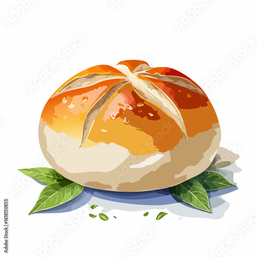 A freshly baked, glossy kaiser roll with a star-scored crust, garnished with green basil leaves.