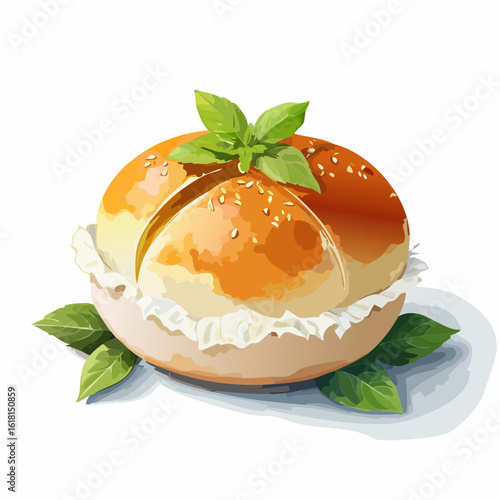 Freshly baked golden bun with a cross-cut top, sesame seeds, and fresh basil garnish.