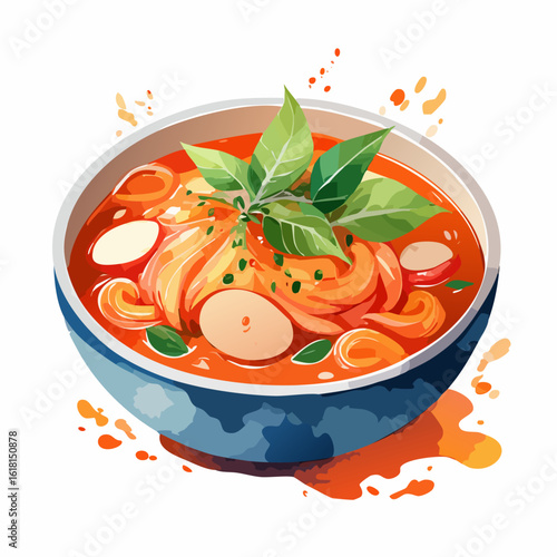 Stylized illustration of a vibrant Asian noodle soup with red broth, fresh basil, and egg in a blue bowl.