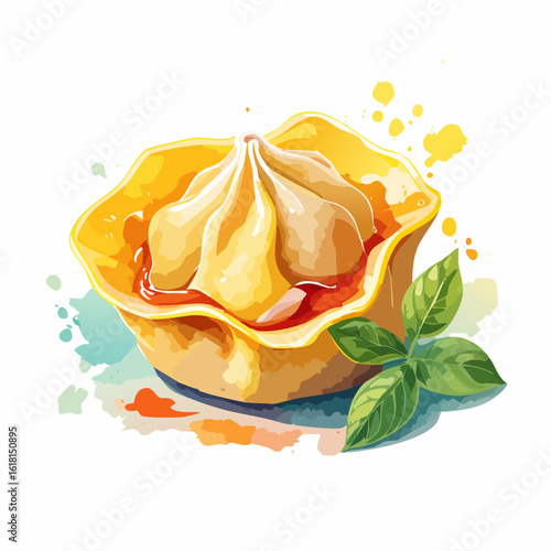 Golden pleated wonton dumpling in a crispy cup with red sauce and fresh basil garnish.