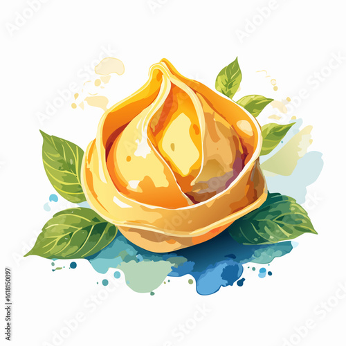 A vibrant watercolor illustration of a single golden tortellino dumpling with fresh basil leaves.