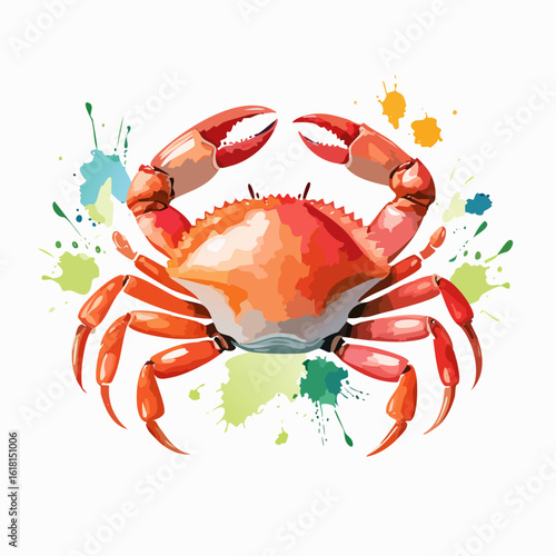 Artistic red crab with raised pincers, rendered in a colorful watercolor splash style.