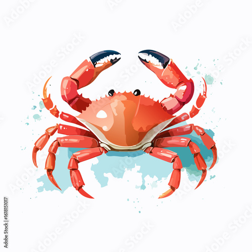 Vibrant red crab illustration with glossy shell, raised claws, and black-tipped pincers.