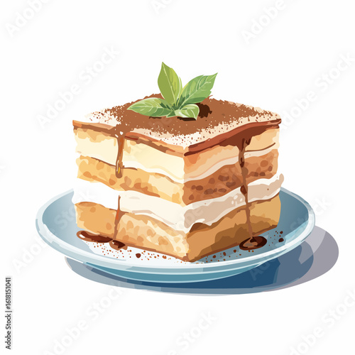 Delicious square slice of layered tiramisu with cocoa powder, mint garnish, and chocolate drizzle.
