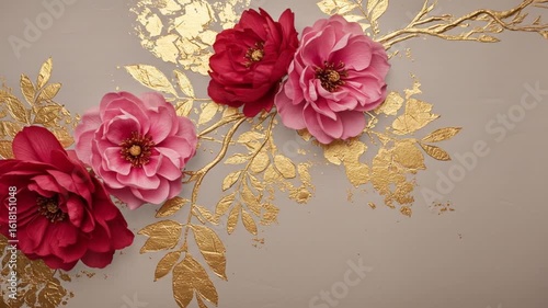 Closeup of Bright Pink and Red Flowers with Gold Leaf Accents on Elegant Textured Surface