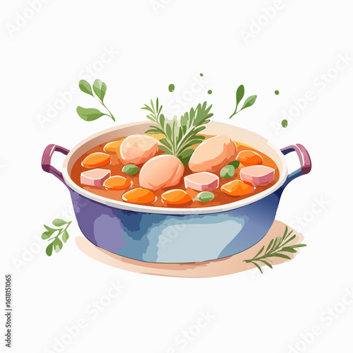 A vibrant watercolor illustration of a hearty stew with potatoes, carrots, and herbs in a blue pot.