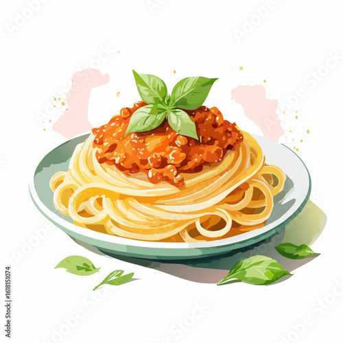 Vibrant watercolor illustration of a classic spaghetti bolognese dish, topped with rich meat sauce and fresh basil.