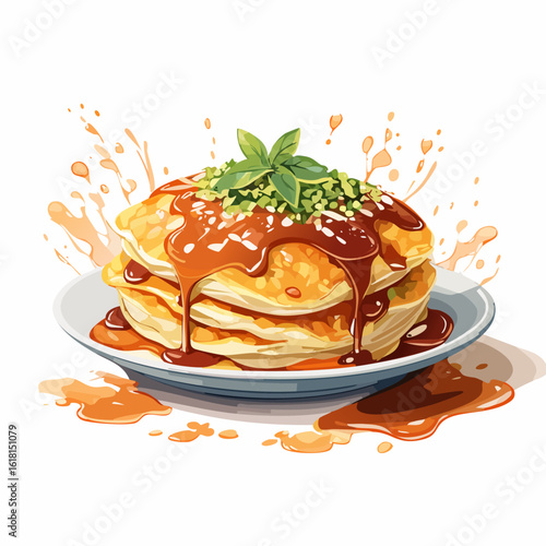 A delicious stack of pancakes with dripping caramel sauce, chopped pistachios, and fresh mint garnish.