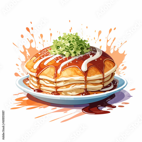 A delicious stack of fluffy pancakes with dripping brown sauce, white cream, and a fresh green garnish.