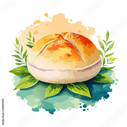 Watercolor illustration of a golden-brown bread bun with sesame seeds and a scored top, resting on fresh green leaves.