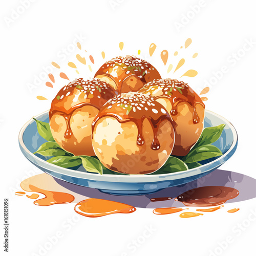 Four golden Takoyaki balls drizzled with savory sauce and sesame seeds, served on a blue plate with fresh green leaves.
