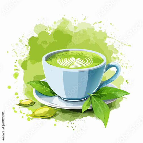 A vibrant matcha latte in a light blue cup, featuring delicate heart-shaped foam art, surrounded by fresh green tea leaves.