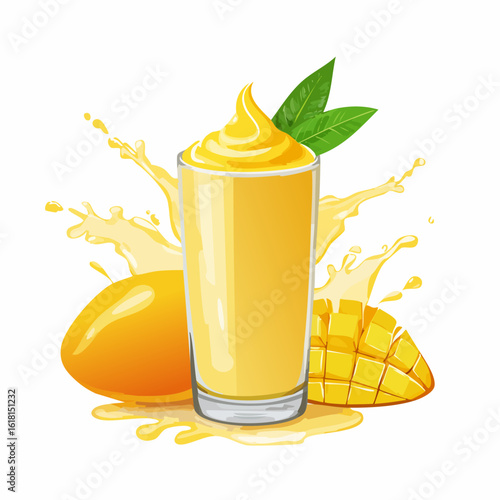 Illustrated mango smoothie with a creamy swirl, fresh fruit, green leaves, and dynamic juice splashes.