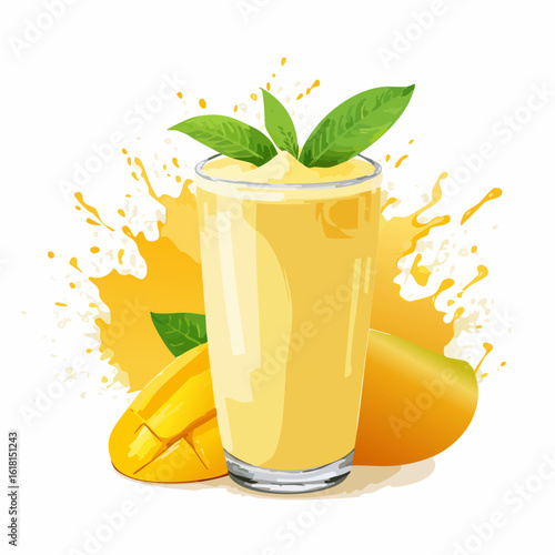 Vibrant mango smoothie in a glass with fresh fruit, mint leaves, and a dynamic yellow splash.