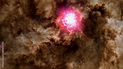 Space cloudscape with swirling brown dust and a central bright pink light source