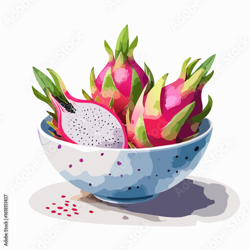 Artistic illustration of fresh dragon fruit in a spotted blue bowl, with one sliced open.