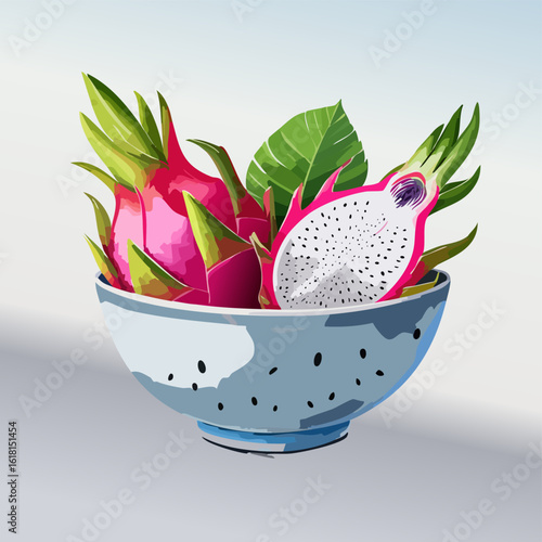 Fresh dragon fruit illustration, whole and halved pitaya with white flesh, displayed in a light blue dotted bowl.