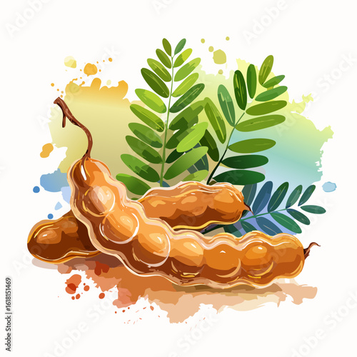 Vibrant watercolor illustration of ripe brown tamarind pods with fresh green leaves.