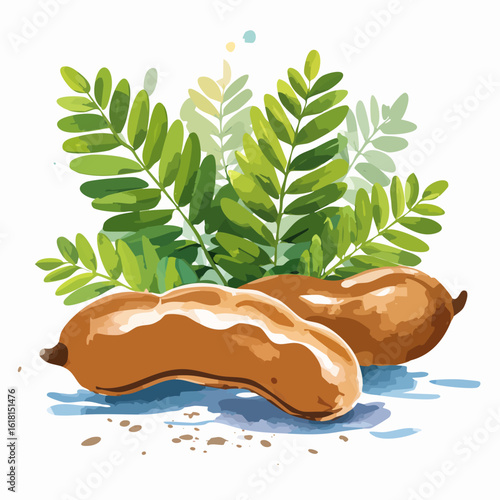 Ripe brown tamarind pods with glossy highlights and fresh green leaves in a watercolor vector style.