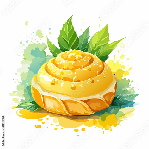 Sweet lemon swirl pastry with citrus glaze and mint, in a vibrant watercolor style.