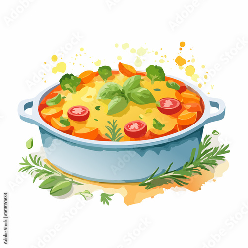 Hearty vegetable casserole with melted cheese, broccoli, and tomatoes, garnished with fresh basil and rosemary.