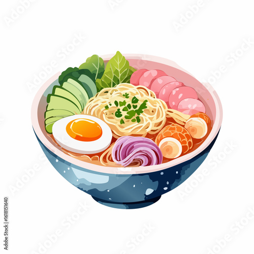 Vibrant watercolor illustration of a Japanese ramen bowl with noodles, soft-boiled egg, and assorted toppings.