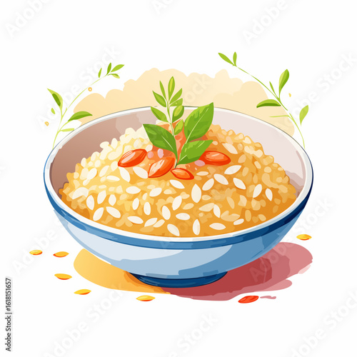 A stylized watercolor bowl of golden rice, garnished with red goji berries and a fresh green herb sprig.