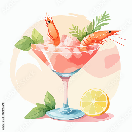Elegant watercolor illustration of a shrimp cocktail in a martini glass, garnished with fresh herbs and a lemon slice.