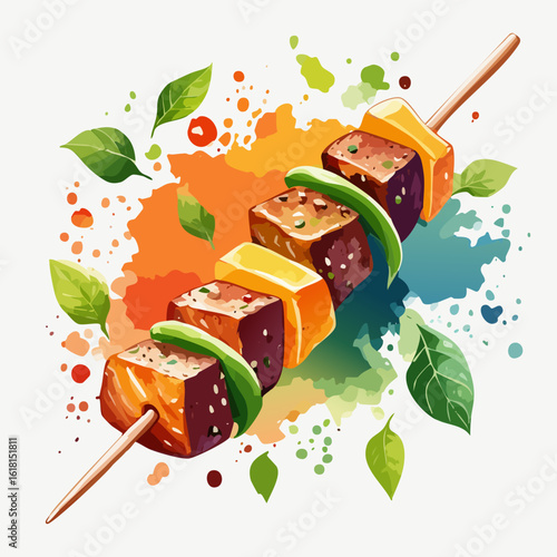Vibrant watercolor illustration of a grilled tofu and vegetable kebab skewer with fresh basil leaves.