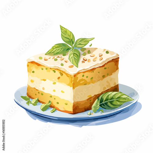 Illustrated square slice of layered cake with cream frosting, garnished with fresh basil and nuts.