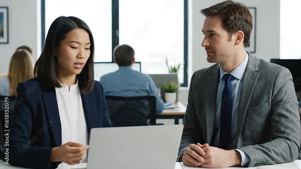 Two business professionals converse in an office setting A woman gestures while a man listens attentively A laptop sits on the desk Two business professionals converse in an office setting A woman gestures while a man listens attentively A laptop sits on the desk