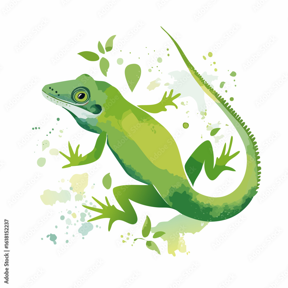Fototapeta premium Stylized green lizard with a long, curved tail and alert expression, depicted in a watercolor splash style.