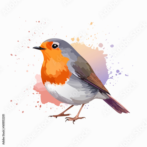 Vibrant European Robin illustration with a bright orange breast and painterly texture.
