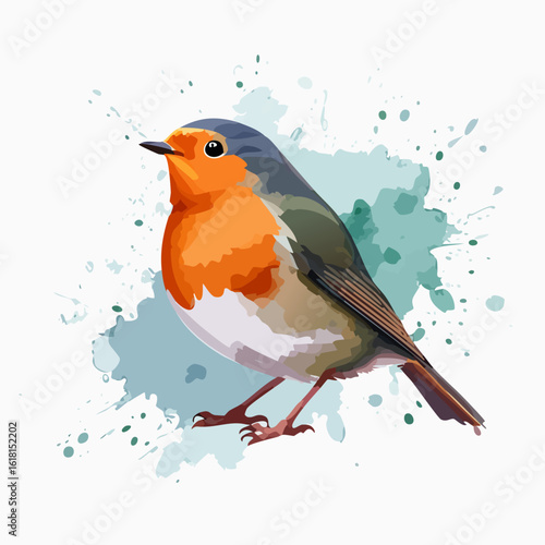 Artistic illustration of a European robin with a vibrant orange breast and grey head, in a stylized vector design.