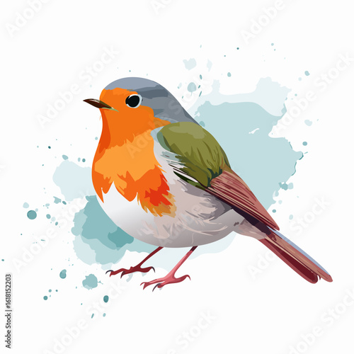 A colorful European Robin bird illustration with a vibrant orange breast, grey head, and olive green wings.