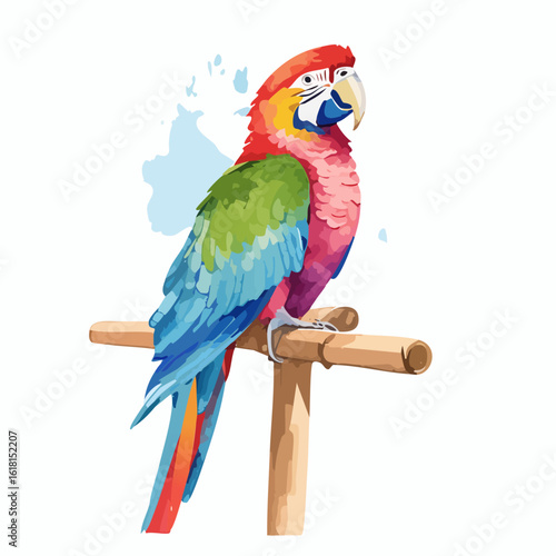 Vibrant watercolor-style scarlet macaw parrot with colorful plumage perched on a wooden stand.