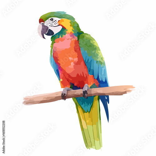Stylized illustration of a colorful macaw parrot with vibrant plumage, perched on a branch.