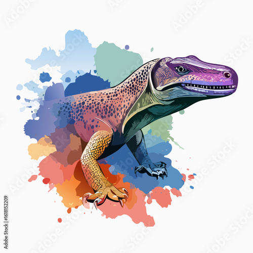 Stylized Komodo dragon illustration with a vibrant purple head and colorful spotted skin.