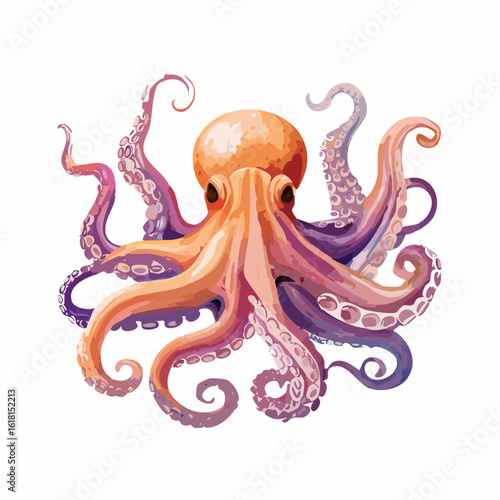 Vibrant orange and purple octopus illustration with curling tentacles and a glossy head.
