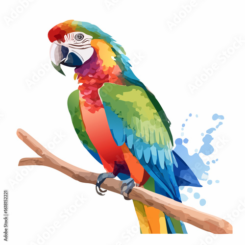 Vibrant watercolor illustration of a macaw parrot with colorful plumage perched on a simple brown branch.