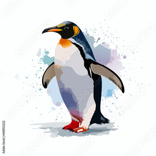 Artistic King Penguin illustration with vibrant orange markings and watercolor splashes.