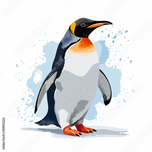 Stylized King Penguin illustration with vibrant orange and yellow plumage, standing in profile.