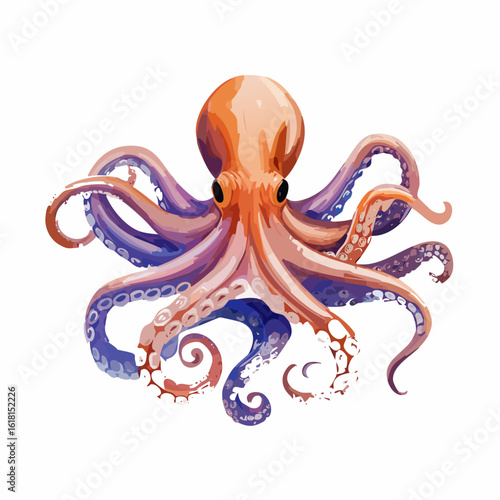 Stylized watercolor illustration of a vibrant orange and purple octopus with curling tentacles.